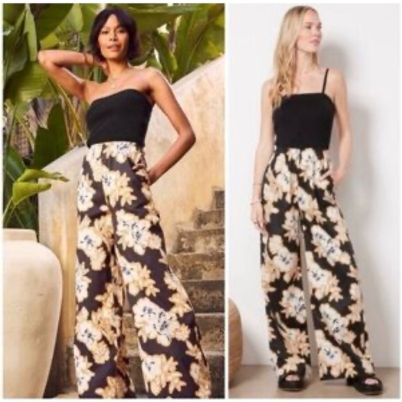Evereve Pants - Evereve Miley Black Floral Wide-Leg jumpsuit L